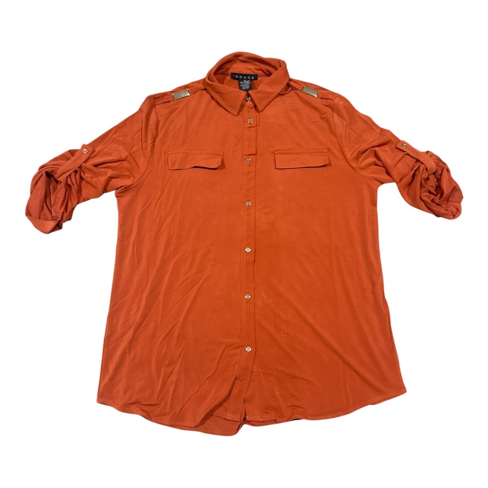 Grace The Perfect Fit Womens Cinnabar Orange Roll Tab Sleeve Button Down Shirt M